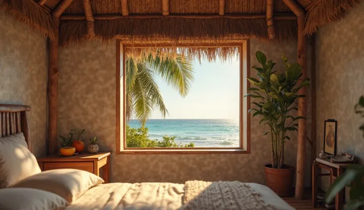 "Create a high-resolution, ultra-realistic photo in a 16:9 aspect ratio, depicting a cozy interior scene inside a small house on a Caribbean island. The room features a thatched roof, adding to the tropical charm. A square window is open, revealing a view ...