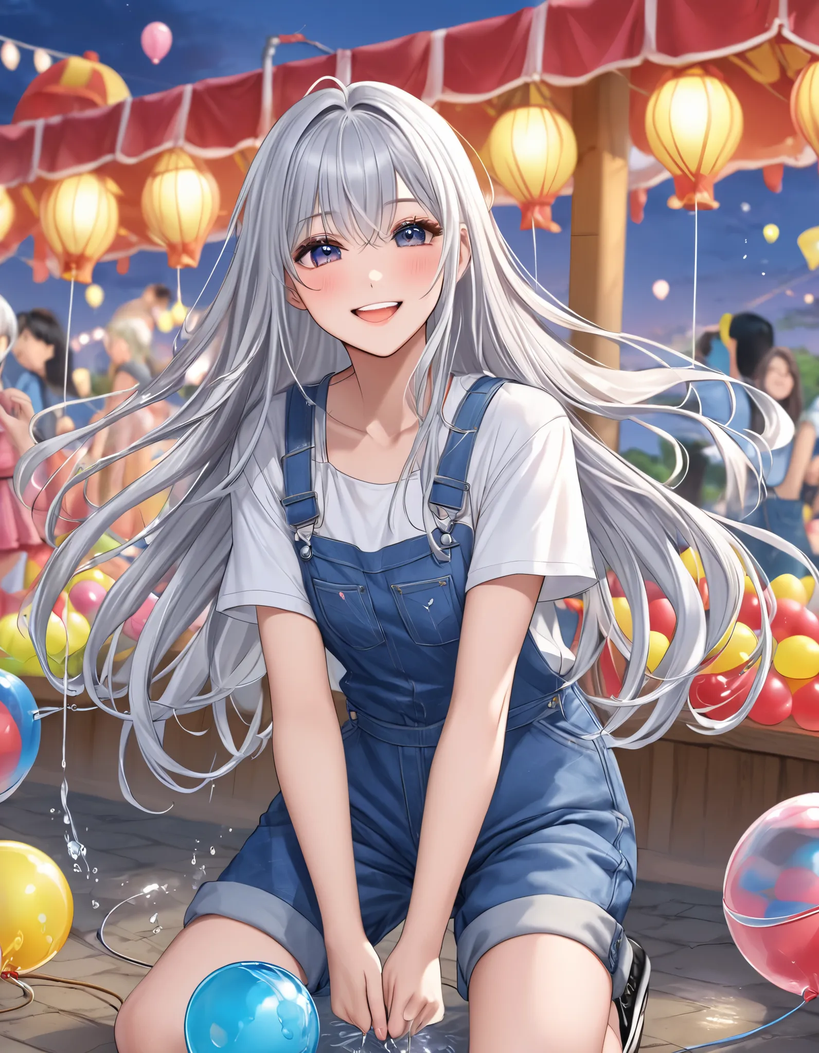  Long silver hair 、 Transform into a pretty girl、smile、I'm wearing denim coveralls、I'm playing with yo-yo scooping water balloons at the twilight fair、