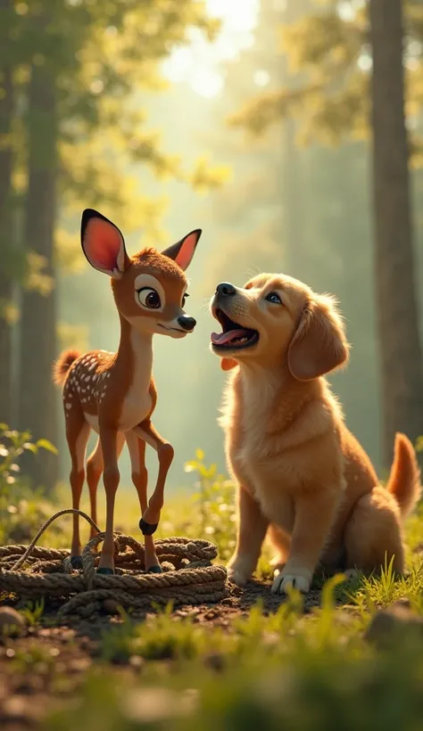 A thrilling, Pixar-style 3D-rendered action scene. The tiny fawn, now more confident and strong, stands over the snare trap, one hoof pressing down hard as the rope snaps. The golden retriever puppy looks up in shock and relief, its body still tense but it...