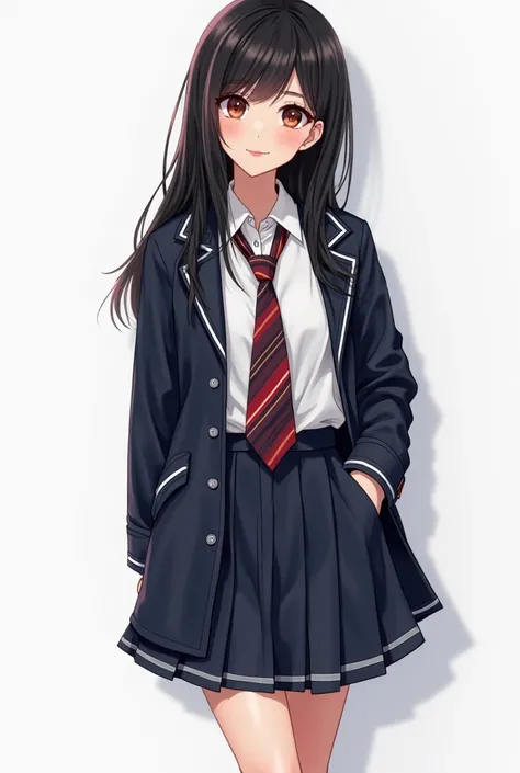 Realistic,A beautiful pakisthani cute girl wore a A white shirt and on top of that a dark blue with white vertical stripes semi over coat with white vertical stripes school uniform with a overcoat and a short dark blue skirt with white stripes on it vertic...