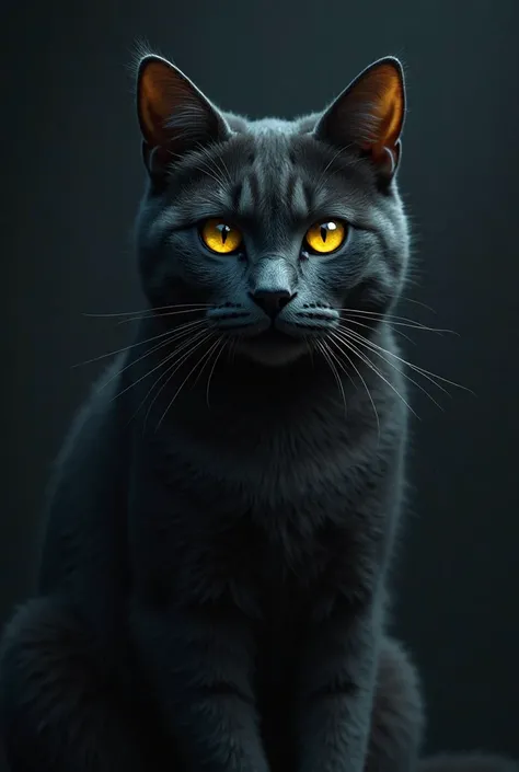 A dark gray cat with yellow eyes