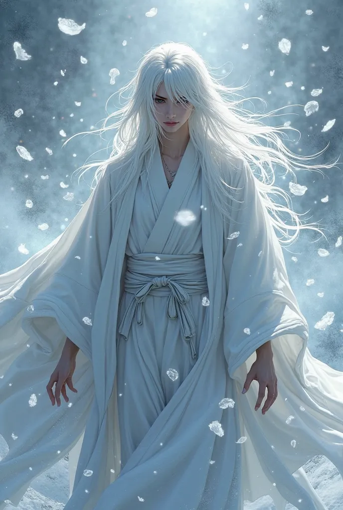 Shinigami with white hair, haori blanco, background with ice rose petals