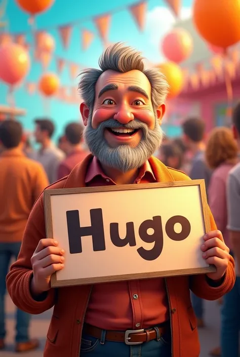 Birthday image of a 50-year-old man without a beard or mustache with a large sign that says Hugo 