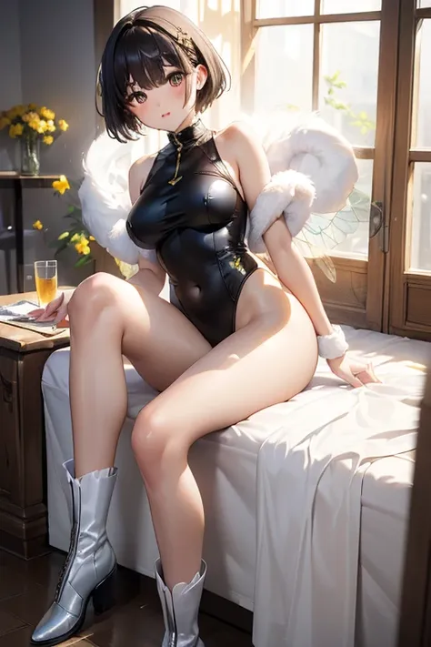 (((((masterpiece))))、((   Unity 8K Wallpaper   、  cinematic light  、 Super Detail、 highest quality)) 、《Super short cut hair：1.2》、 Android adult woman with fair skin and very beautiful skin、 with bee wings growing on the back  、 Hi-leg Leotard Armor with Bl...