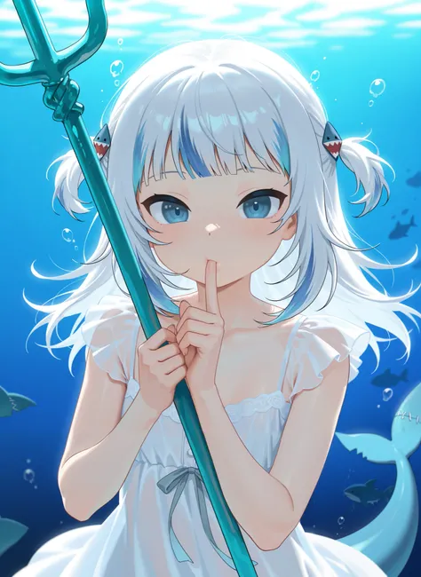 front viewer, close-up upper body, 16k resolution, (super detail), (best quality), solo, 1girls,  Gawr Gura, detailed mouth, underwater, holding a trident, sucking index finger, 2 hand, Sheer nightgown, inder nipple are visible, tail,