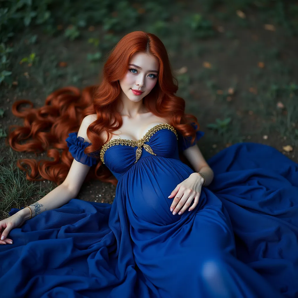 Korean woman Kim 24 years slightly pregnant 1 week shows long Cherry red hair curled wet, natural blue eyes ,textured skin, Highlighter and false eyelashes medium, defined body. wearing royal blue dress with long gold with ruffles  , Dynamic pose smiling l...