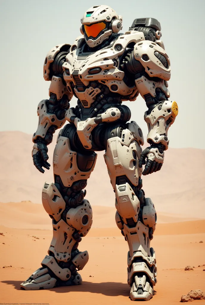 Four drawings of a Power Armor displayed in a desert setting, showing different angles and positions, including an Power Armor standing from the front, another standing on the left side, a third standing on the right side, and a fourth standing from the ba...