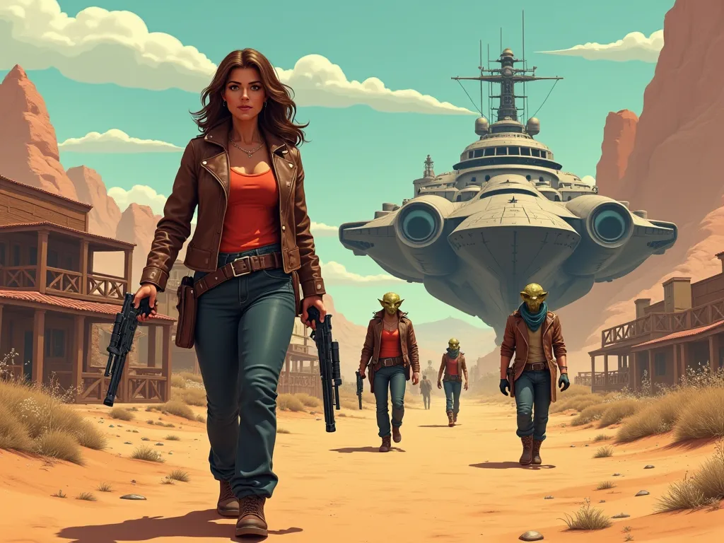 In realistic cartoon style the Ship parked on a very arid planet with lots of sand in front of a Western-style city, But they are aliens of several different species within the city, all dressed like cowboys with modern and futuristic weapons on their hols...