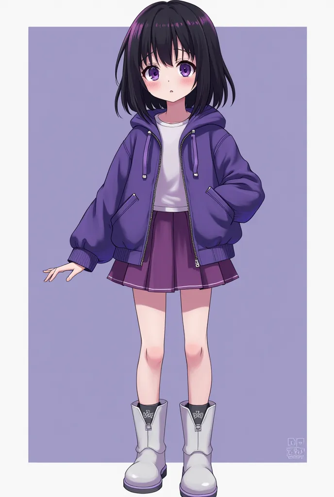 A 15-year-old girl
 Years black hair with purple highlights purple eyes and cyan croopet and an open purple jacket showing the croopt with a purple mini skirt and white boots showing the full body and with a sad expression 