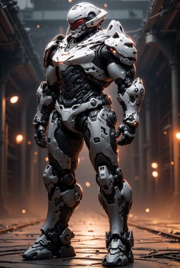 A large, sleek Power Armor, highly detailed exterior, futuristic design, gleaming metallic hull, sweeping curves, intricate paneling, glowing thrusters, multiple viewpoints showcasing different perspectives, front, top, and side views, photorealistic, cine...