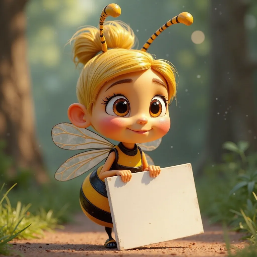 Disney Pixar 3D Style, The character of the Maya the bee , Her hair is blonde, in his hand he holds a square white sign