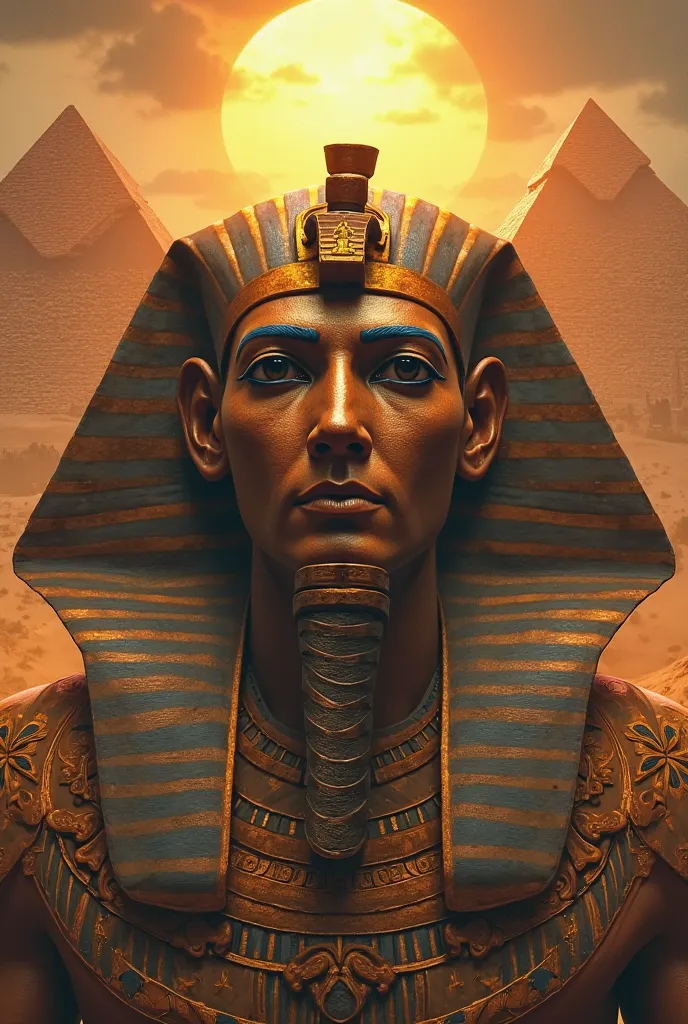 Egyptian pharon face with wide pyramids and a sun 