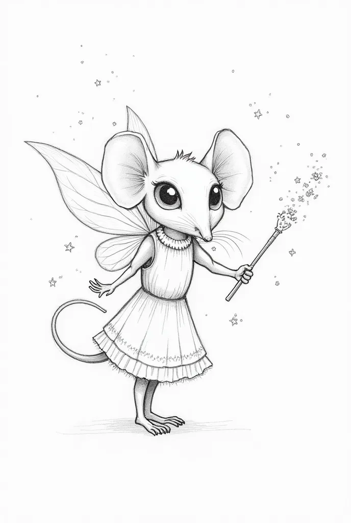 Rat with fairy wings a dress and a magic condom wand, simple drawing, Just lines of pencils