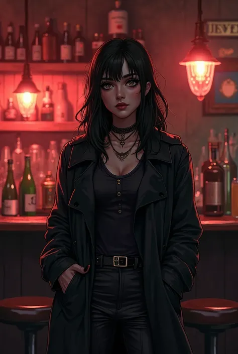 Realistic anime style of an adult black-skinned black woman (black) de pele cor black adulta negro de olhos pretos e cabelos roxo e preto longo.  look serene .  Gothic style . Dark rebel style clothes standing with in your pocket,  In front of a bar