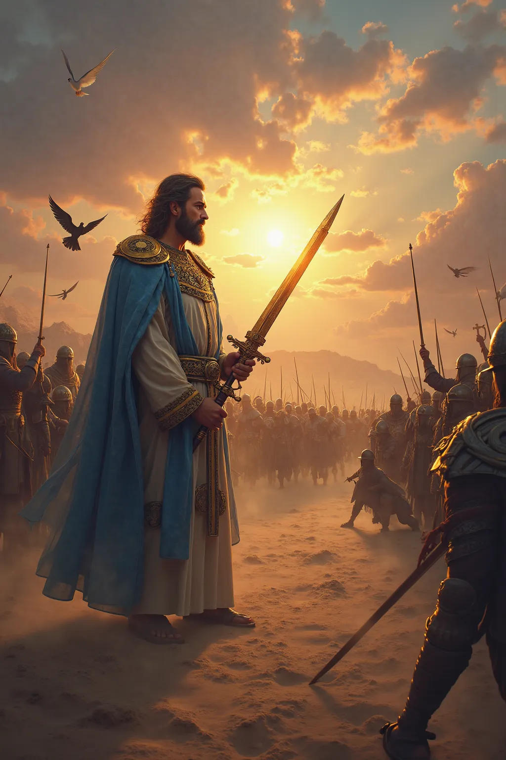 Create a stunning, high-detail 8K image of a battle scene from the era of Prophet Solomon, set in a desert landscape at dawn. The general, dressed in regal blue and gold robes, stands face-to-face with a formidable enemy army. He holds a glowing sword of j...