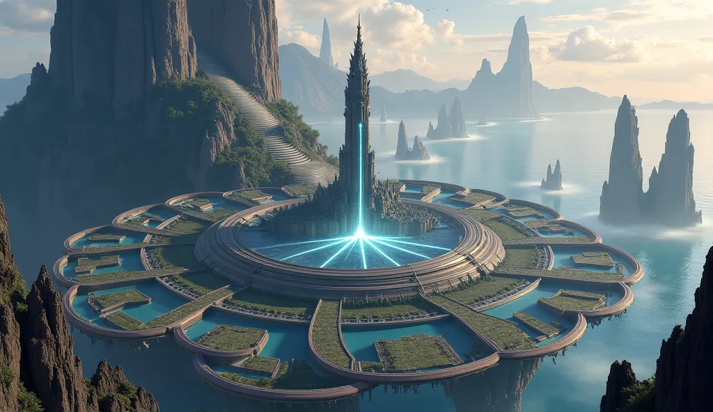 Imagine a massive, awe-inspiring city built on a towering mountain spire, stretching for thousands of miles. The city is made up of multiple floating terraces, all connected by glowing magical bridges and detailed stone buildings that blend into the mounta...