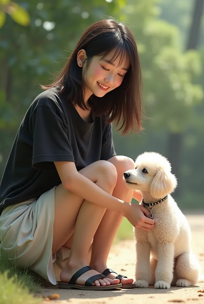 (top quality, masterpiece: 1.2), photorealistic, black t-shirt、 midi skirt 、 sandals on the skin、Knee, squats 、Playing with a dog、smile、  Japanese Beauty ,poodle,I'm staring at the dog with kind eyes,{I can see a little white shorts from under the skirt}