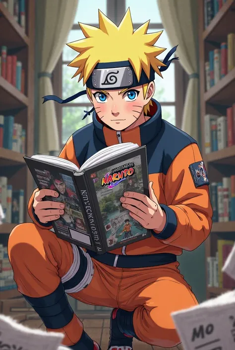 Naruto holds manga in his hand ,with Manga Universe 2025 on it and there are many books nearby