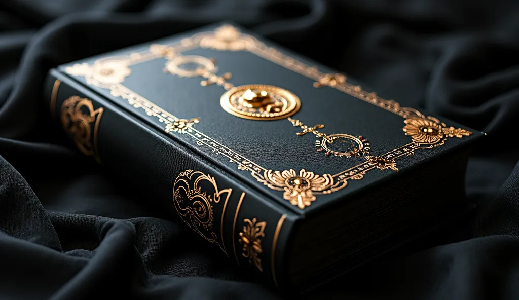 Make a book with a black cover, The black pages, It has a gold lock and gold details on the cover