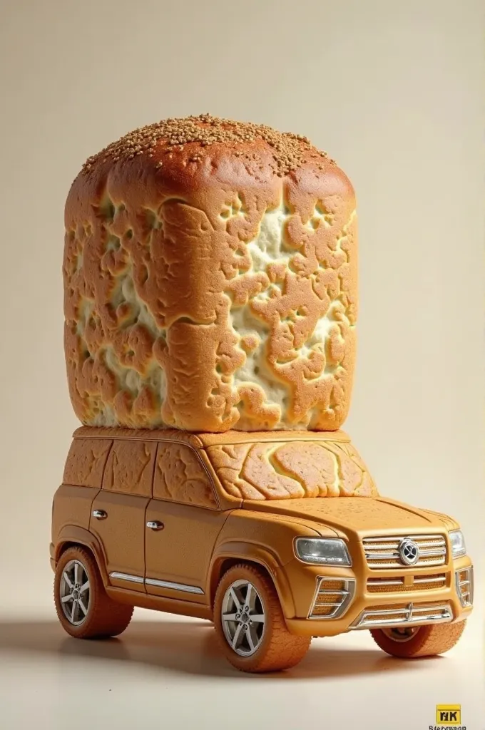 A loaf of bread shaped like an SUV car, creative interpretation, detailed texture, realistic look, 4K UHD image, photorealistic, hyperdetailed, a true masterpiece.