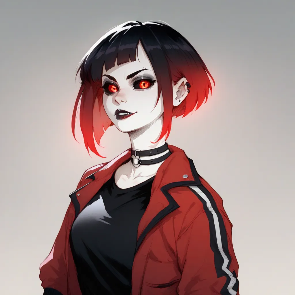 A ash pale skin goth girl black short bob long fringe hair glowing red eyes black,esclera,black shirt red jacket,black track pants,bulging veins,black wristbands,