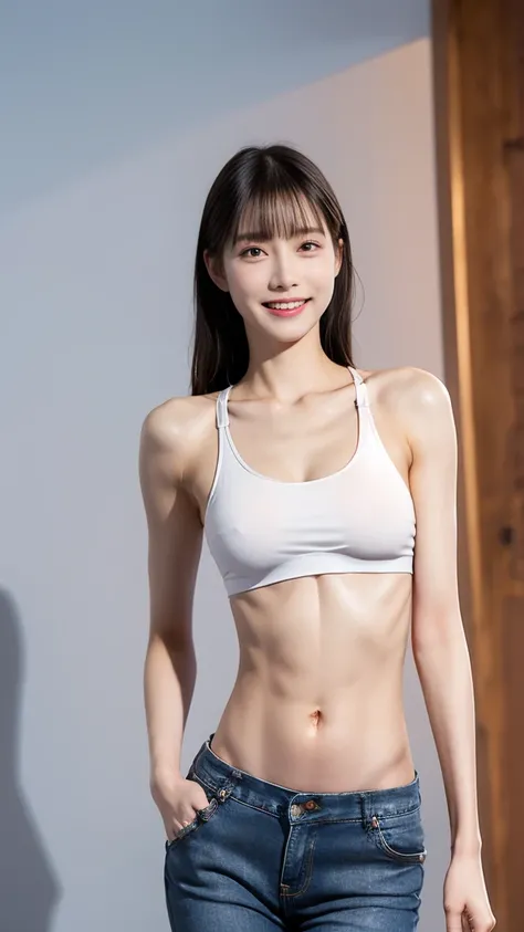 standing yoga poses、white sports bra with a protruding navel、 Skinny Denim Pants 、 black hair、high qualityの日本人女性、 laugh、LOL、happy expression、 full body image、4K Digital Photography、professional、Extremely fine texture、realな質感、HDR、Studio Lighting、Bokeh味、Deli...