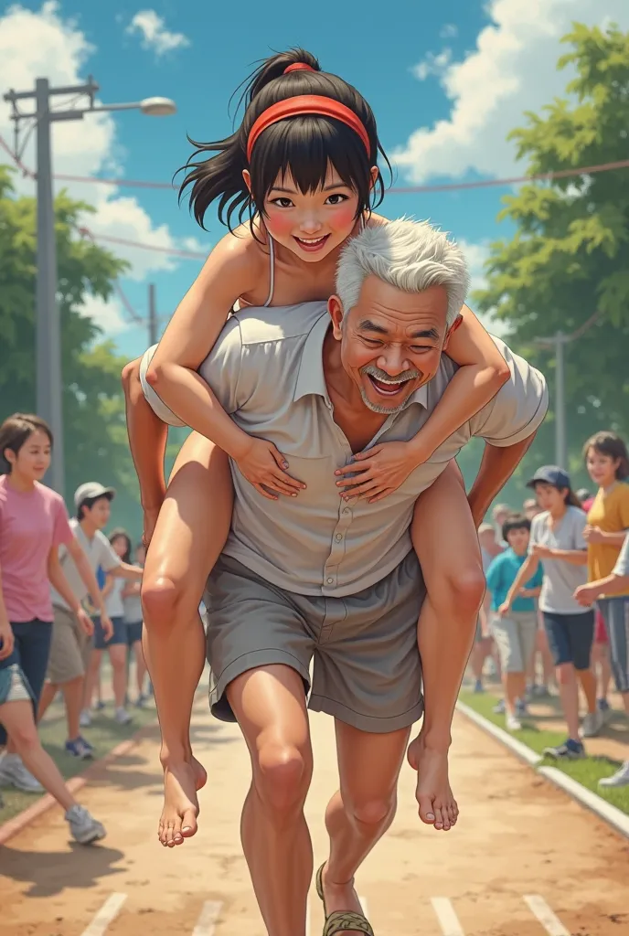 1 Japanese masochistic young woman, volunteering to please an old man, ponytail with bangs, wearing light-colored panties and bra, red headband, thin thighs, sports day at a nursing home, doing a piggyback race, carries an old man on her back, laughing, de...