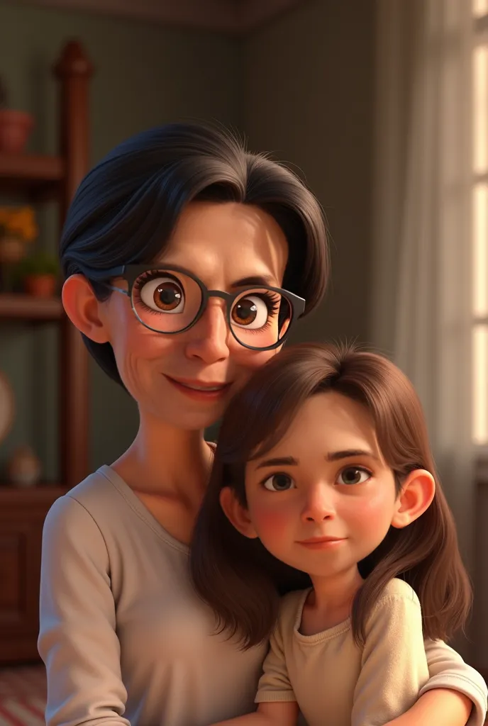 Disneylike image of an aunt and her niece. The Aunt has short hair, She reaches her ears , brown eyes and wears cat-style glasses. The niece has long brown hair, big brown eyes and freckles. the aunt is the one in the photo. They are both smiling