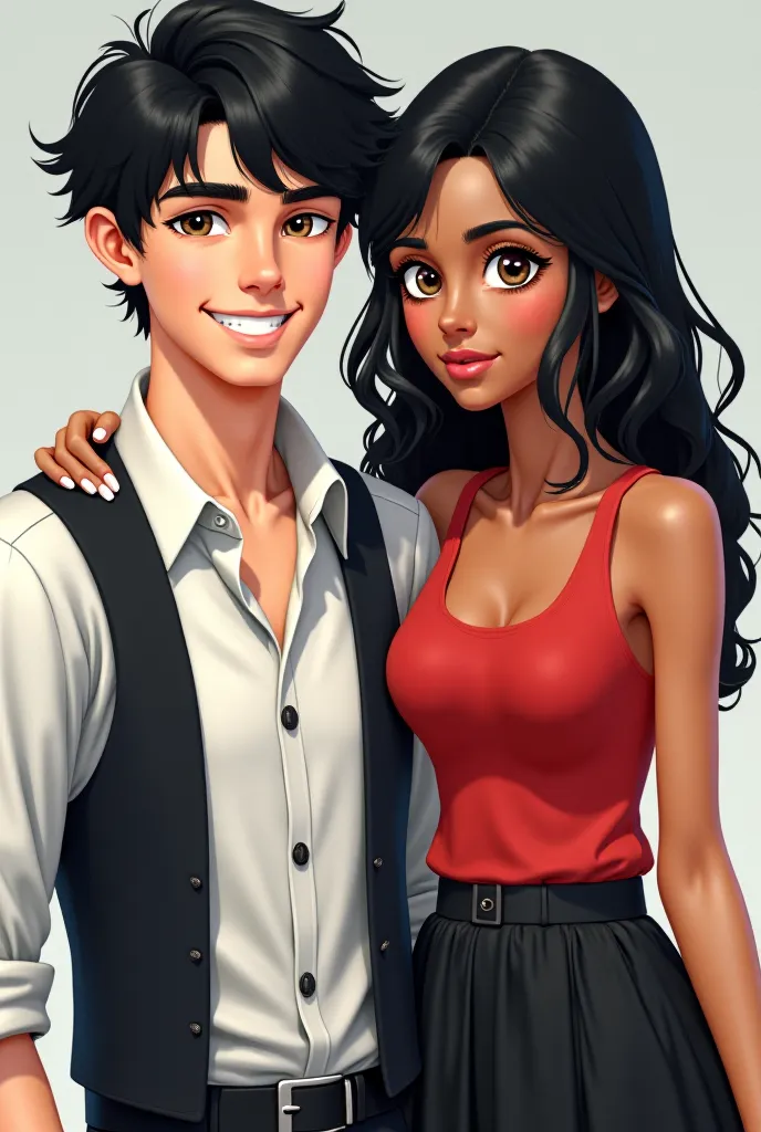 Manhwa characters. A white man with gray brown eyes and medium large black hair, dressed with white shirt with three open buttons and black vest. A woman with fair tanned skin and curly black hair and black eyes, dressed in a black skirt and red tank top. ...