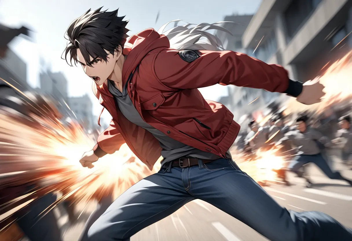 holy pale aura that envelops , Dark-haired youth in ashen hoodie, red jacket and jeans" , High-speed combat((   motion blur  ：2.0,  blurred background)) ,Scenes as you look on with rage , A warrior worth a thousand men, There is no match in heaven