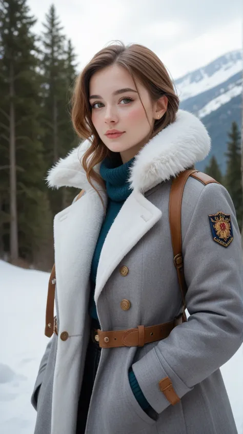 A fair-skinned young woman with a smooth skin texture, wearing a grey coat with brown fur detail around her neck.  Snow fell slowly all around him ,  creates a calm and magical atmosphere . Her eyes glowed softly, reflecting the light from the snowy landsc...