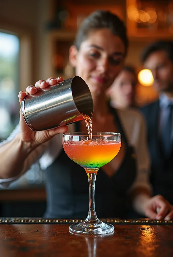 A very elegant bartender is preparing a perfect cocktail in a rainbow colored cocktail glass while other people watch her with admiration; rainbow colored cocktail flows from the shaker into the glass; the glass and shake are in the closest, the bartender ...