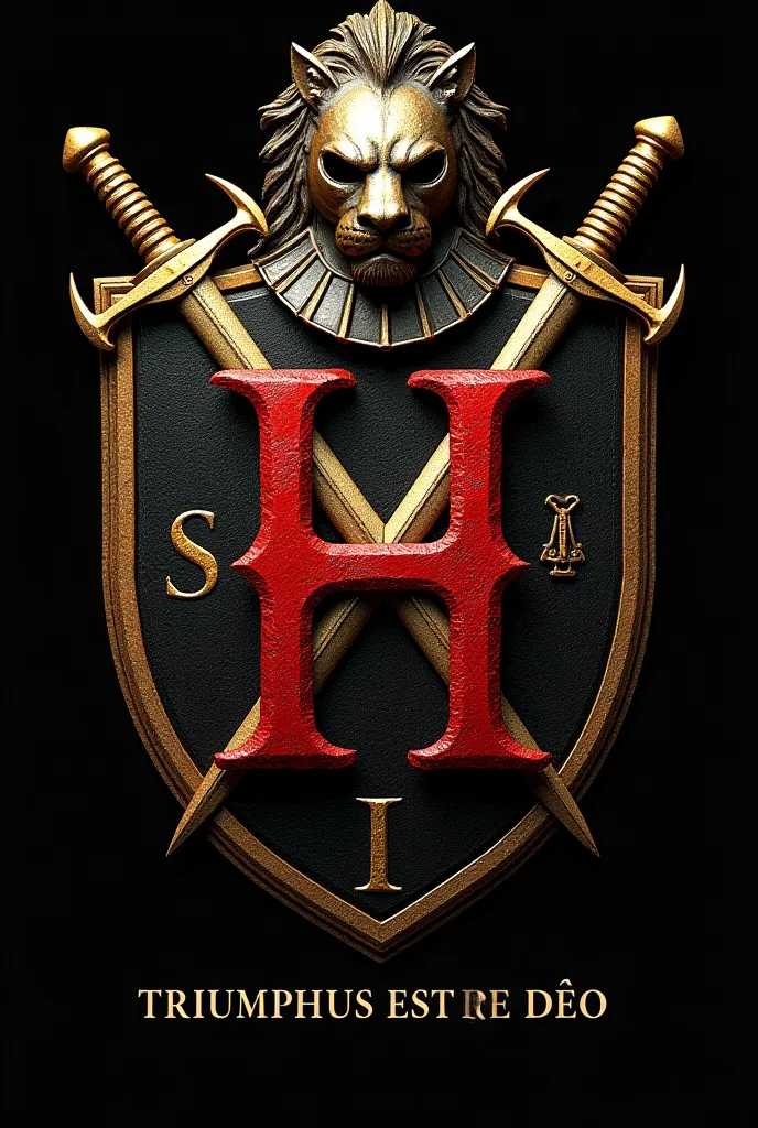 epic medieval coat of arms with a black background and a golden border, with the letters S N Y R E A D embossed,  in a Gothic fountain . The letter H must be larger and highlighted in red, with two golden swords crossed on it.  Above the letters , there is...