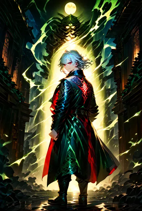 profile background, anime boy,solo, Serious , White hair, Crimson eyes, black and red trench Coat clothing, high-res portrait, bathing an english punch wielded in green lightning, detailed eyes and face, character, fantasy, advanced urban, looking from beh...