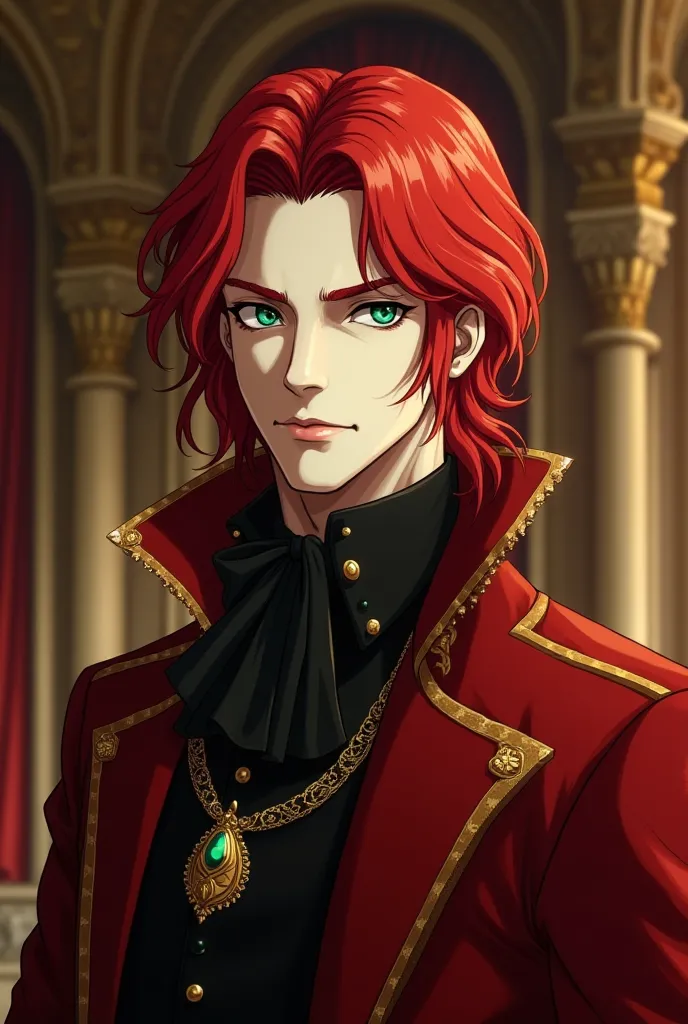 Male man with extremely pale skin, Looking like Alucard from Castlevania anime but with red hair, clothing similar to that of royalty, emerald green eyes that look natural, The background environment could look like a palace, golden details, reds, and Vict...