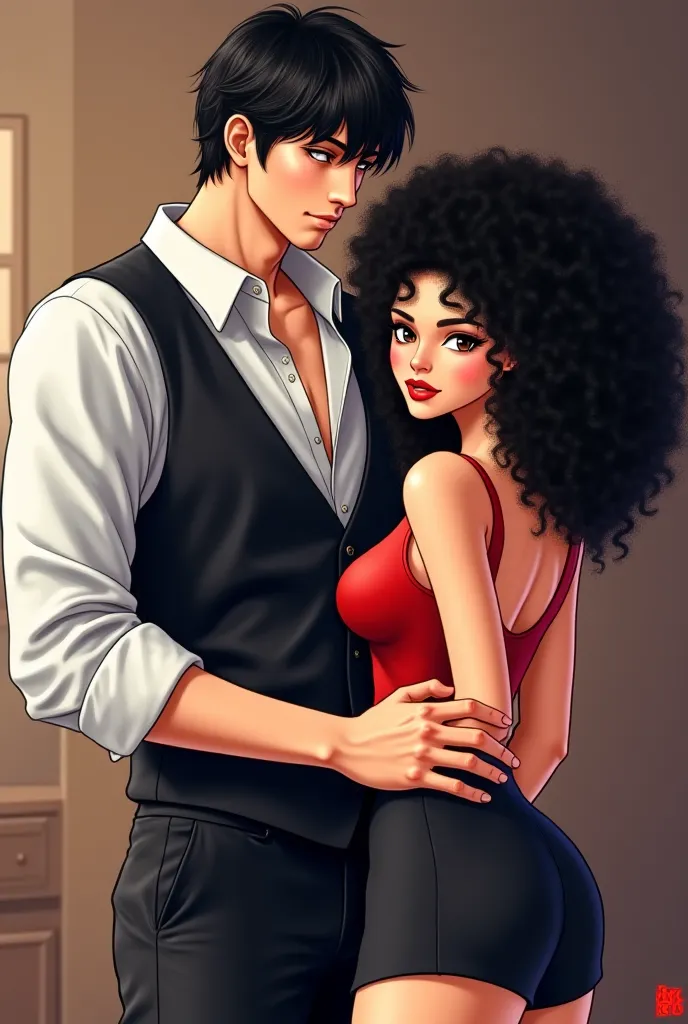 Manhwa characters. A white man with gray brown eyes and medium large black hair, dressed with white shirt with three open buttons and black vest. A woman with light tan skin and big black curly hair and black eyes, dressed in a black skirt and red tank top...