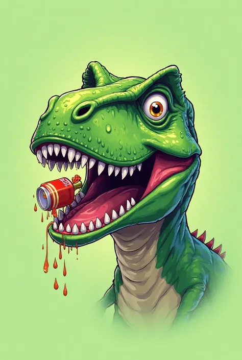 tête de t-rex mode cartoon couleur verte, vue de face,  geule ouverte qui écrase une canette dans sa bouche, langue qui pend sur le coté et des gouttes qui coules, yeux brillant et tout content