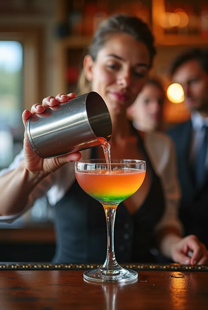 A very elegant bartender is preparing a perfect cocktail in a rainbow colored cocktail glass while other people watch her with admiration; rainbow colored cocktail flows from the shaker into the glass; the glass and shake are in the closest, the bartender ...