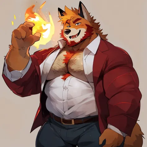 fox, furry, fire color fur, fire powers, handsome, very muscular, very big, extremely hot and sexy, beard, hair, chest hair, charming eyes, solo, male, happy expression, daddy, full body, big body, clothes, middle aged, by hyaku, by darkgem, by glitter tra...