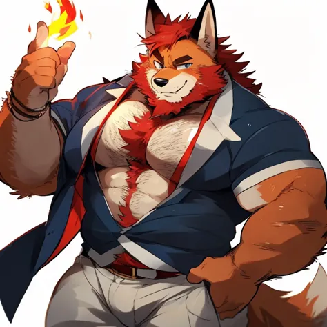 fox, furry, fire color fur, fire powers, handsome, very muscular, very big, extremely hot and sexy, beard, hair, chest hair, charming eyes, solo, male, happy expression, daddy, full body, big body, clothes, middle aged, by hyaku, by darkgem, by glitter tra...