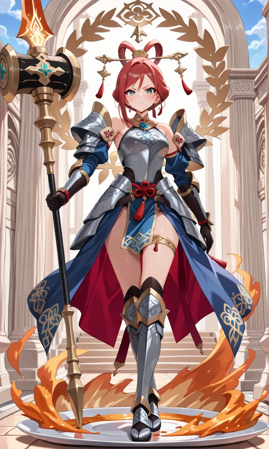 (((masterpiece, best quality, high detailed, 16k))) (1girl) A fierce female warrior clad in shimmering steel armor, with intricate designs carved into every plate. Her weapon is a massive hammer made of pure iron, and her gaze is sharp and unyielding. Her ...