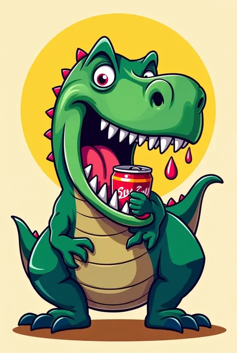 t-rex mode cartoon couleur verte, vue de face, geule ouverte qui écrase une canette dans sa bouche, langue qui pend sur le coté et des gouttes qui coules, yeux brillant et tout content, vectoriel simple