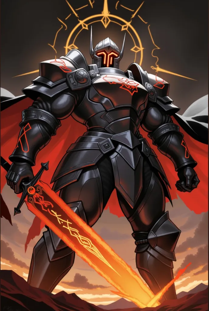 
1. Armor:

Broad-shouldered And muscular

He wears armor that is completely black, metallic, and looks quite solid.

There are red, mystical and sharply outlined patterns in various parts of the armor.

The shoulder armor is wide and angular, giving a fee...