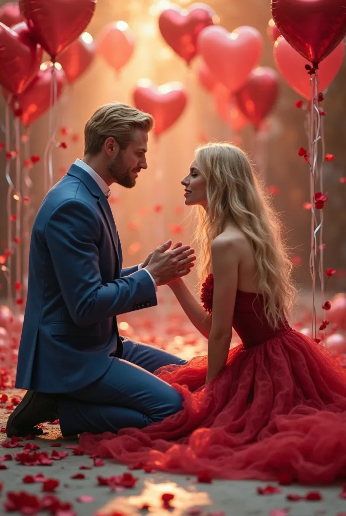 create a couple, muscular blond man, with an elegant blue outfit, Kneeling down asking the blonde woman for long and straight hair,  with a red dress,  his daughter . In a setting filled with surrounding heart balloons and written on the floor "  He wants ...