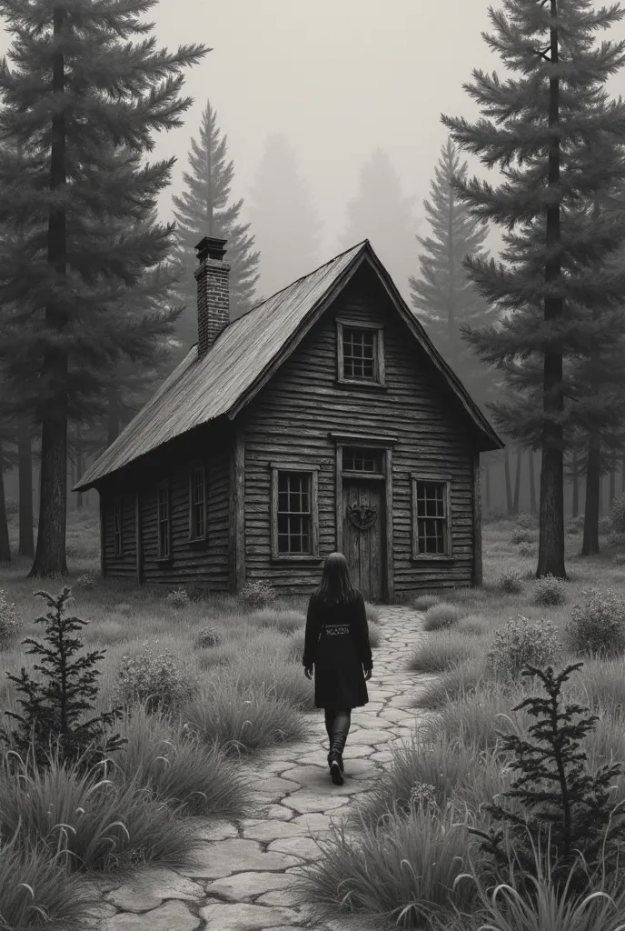 there is a drawing of a woman walking in front of a cabin, horror illustration, dan mumford tom bagshaw, el bosco and dan mumford, eerie nostalgic concept art, surreal dark art, fantasy horror art, an ominous fantasy illustration, epic pencil illustration,...