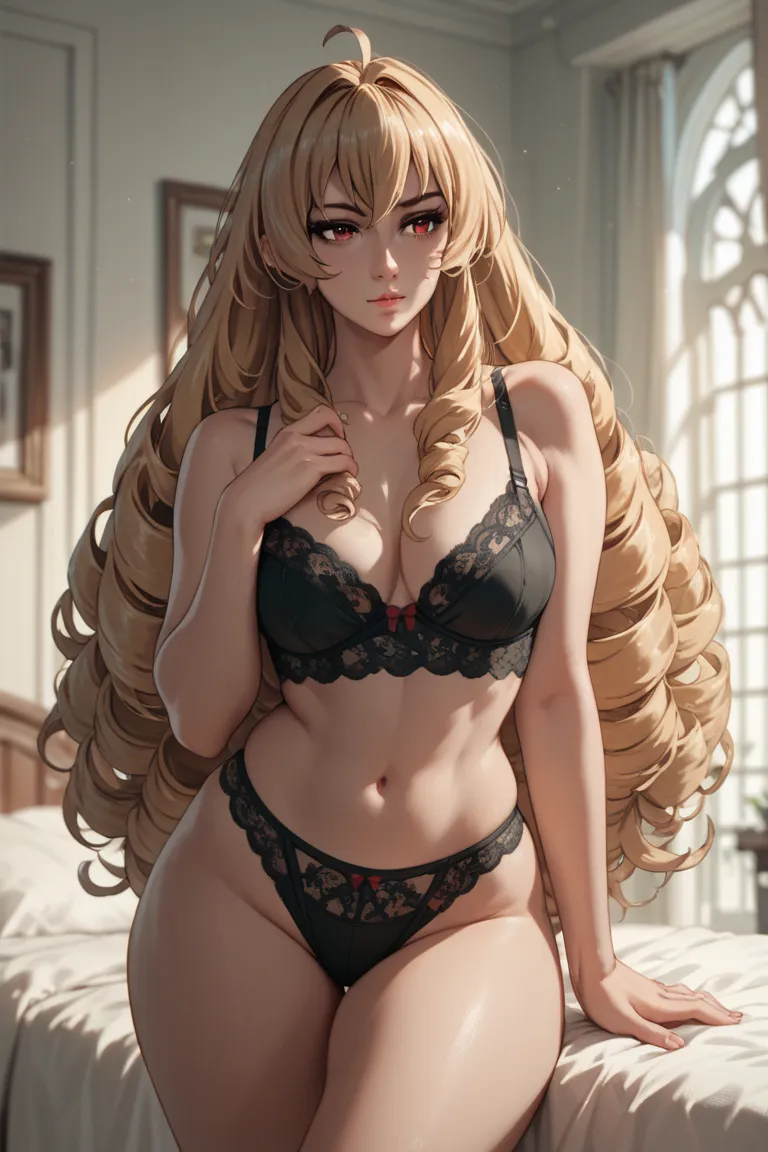 Elinalise blonde with big curly hair red eyes medium boobs and healed man's thick thighs big thighs black thighs panties sexy black bra inside the bedroom



