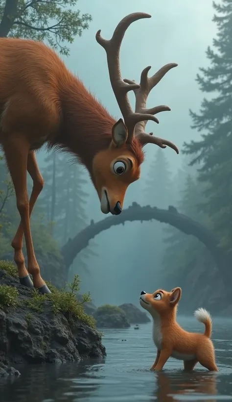 A breathtaking, Pixar-style 3D-rendered scene. A majestic deer with warm brown fur and kind, intelligent eyes leans down from the top of the riverbank. Its long neck stretches toward the struggling puppy, its expression full of determination. The puppy, st...