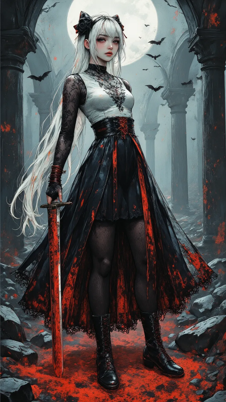 High Quality Gorgeous Dark Fantasy Japanese Vampire Girl,White Hair Vampire Hime,Headband Black Bow,Black and Red Gothic Lace Skirt with Long Leggings Leather Boots,Double-handed Gripping Floral Bloodline Giant Sword Chopping Position,Thick Blood Mist Surr...