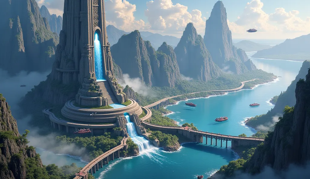 colossal mountain city built on a towering spire with floating terraces, glowing magical bridges, and intricate stone architecture. At its heart, four massive floating rings orbit above a grand circular lake, where the legendary Tower of Ascension stands, ...