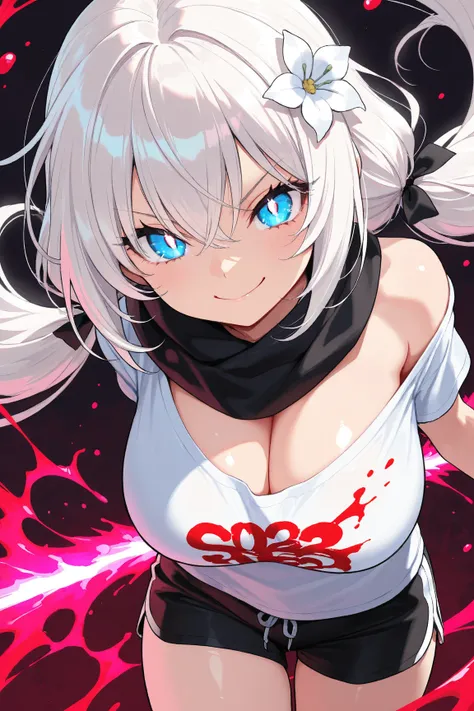 (super detailed:1.2, masterpiece:1.2, best quality:1.2, high res:1.2) 1girl, white hair, long low_twintails, white flower hair ribbon, blue eye, {sharp eyelashes}, bright eyes, huge_breasts, shiny_skin, black scarf, red energy, {{{red energy shark}}}, alle...